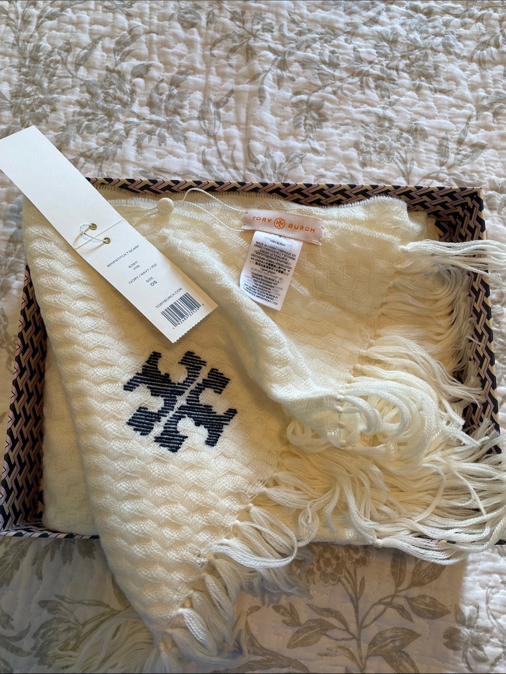 Tory Burch Cream Knit Fringe Throw with Navy Logo